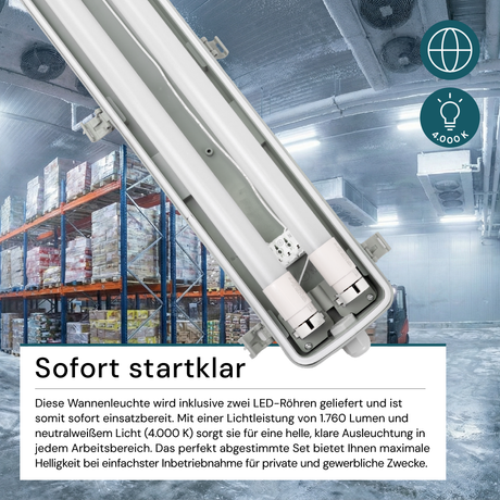 LED Wannenleuchte 60 cm, inkl 2 x 9W LED-Röhren T8,durchschleifbar, 4000K, IP65, IK08.