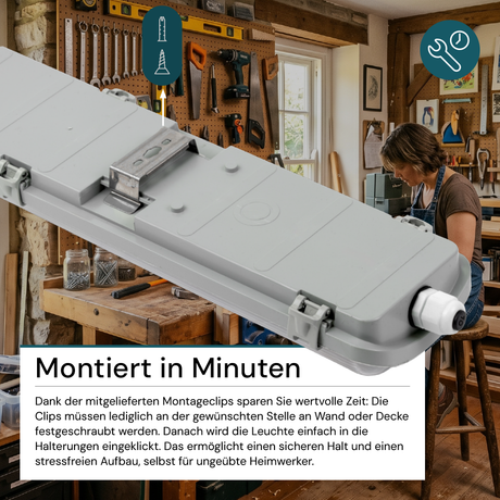 LED Wannenleuchte 60 cm, inkl 2 x 9W LED-Röhren T8,durchschleifbar, 4000K, IP65, IK08.