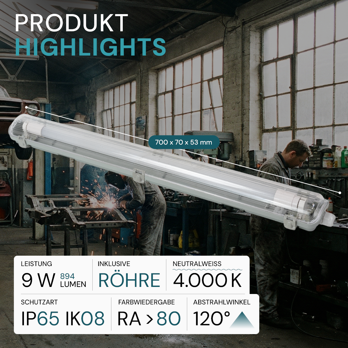 LED Wannenleuchte 60 cm, inkl 1 x 9W LED-Röhren T8, 4000K, IP65, IK08.