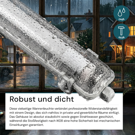 LED Wannenleuchte 120 cm, inkl 1x18W LED-Röhren T8,  4000K, IP65, IK08.