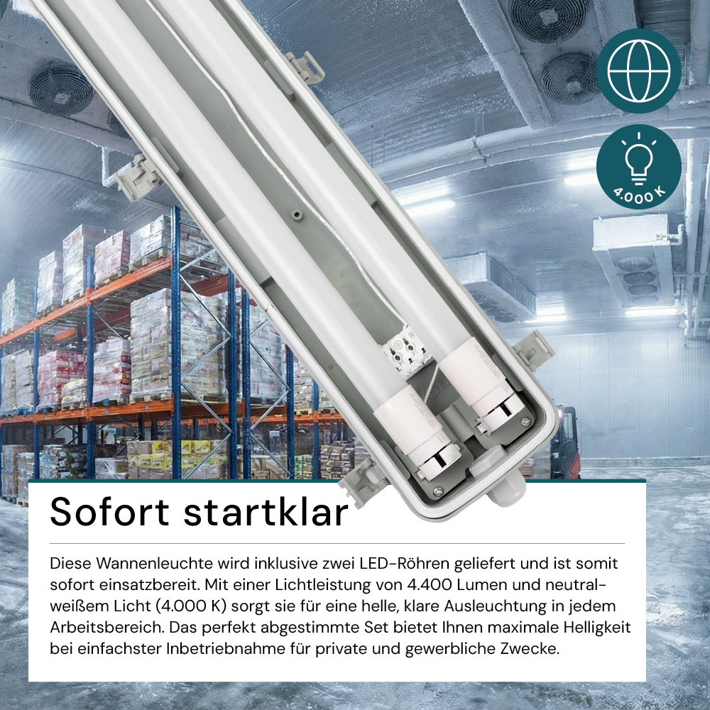 LED Wannenleuchte mit 2x 22W LED-Röhren T8, 150cm, 4000K, IP65, IK08
