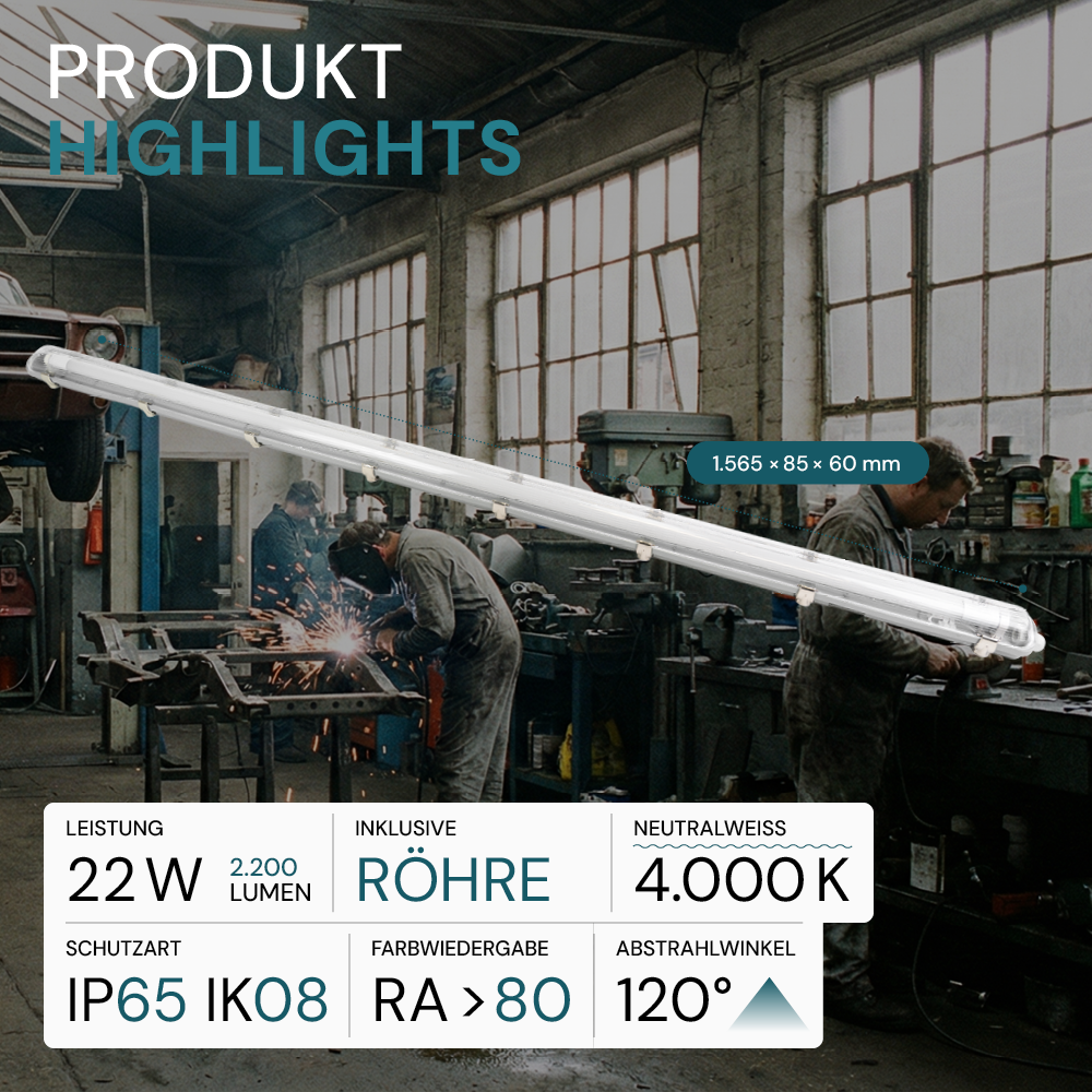 LED Wannenleuchte mit 1x 22W LED-Röhren T8, 150cm, 4000K, IP65, IK08