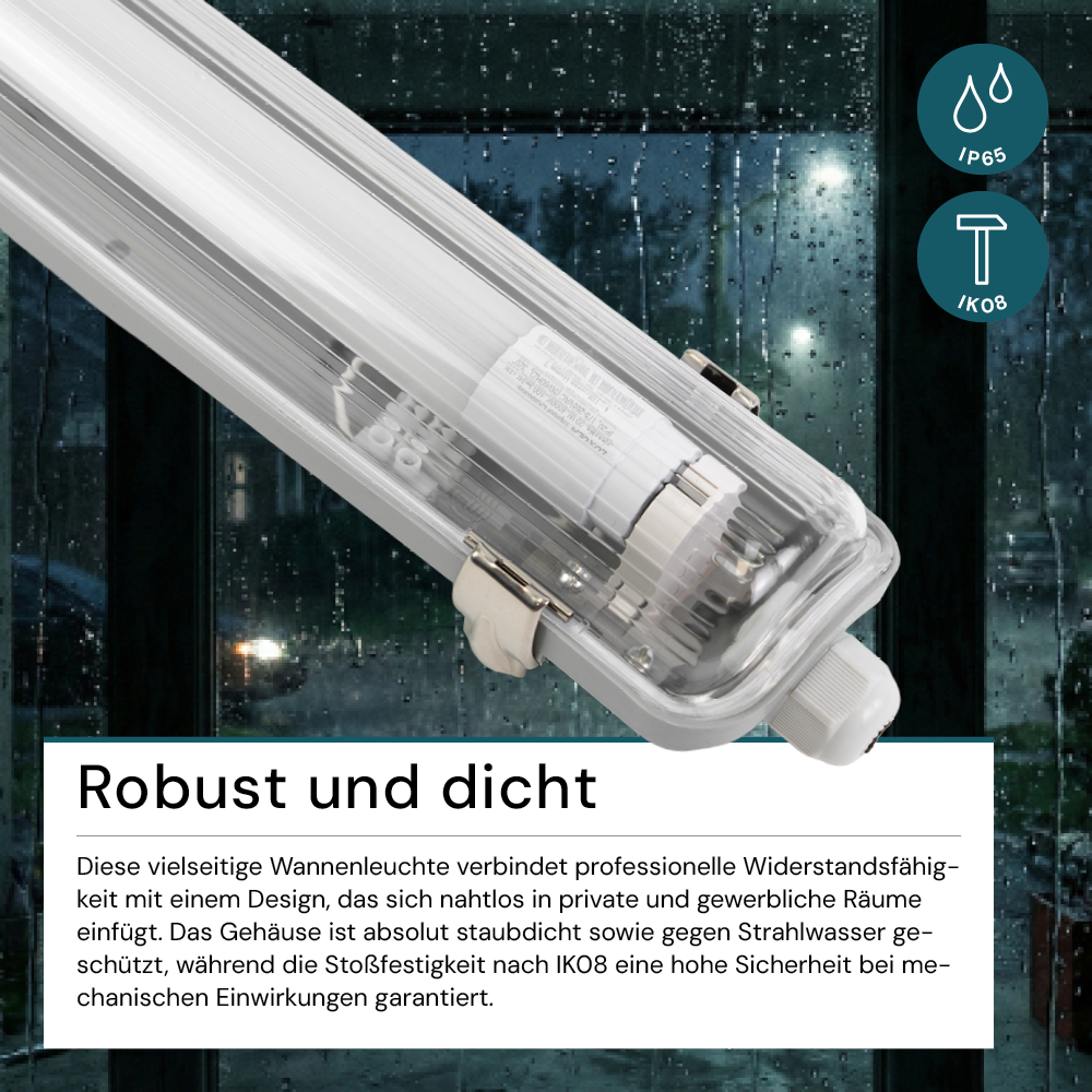 LED Wannenleuchte mit 1x 22W LED-Röhren T8, 150cm, 4000K, IP65, IK08
