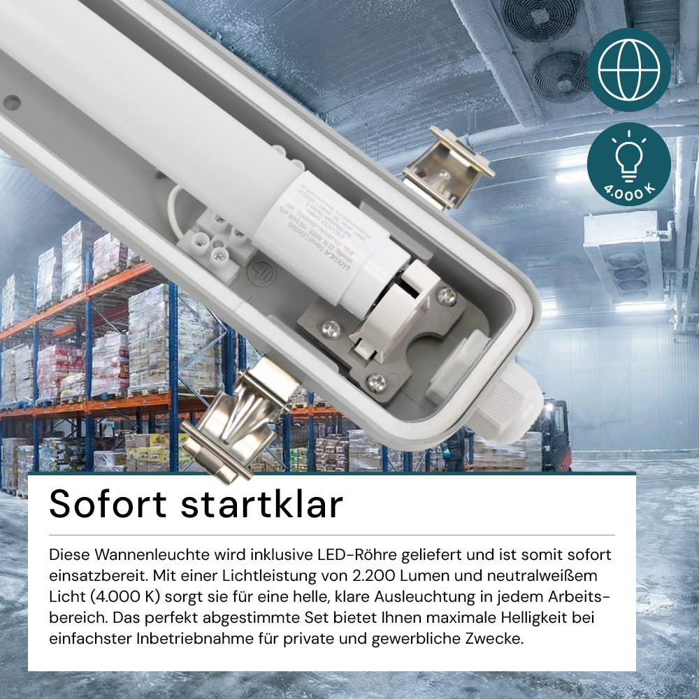 LED Wannenleuchte mit 1x 22W LED-Röhren T8, 150cm, 4000K, IP65, IK08