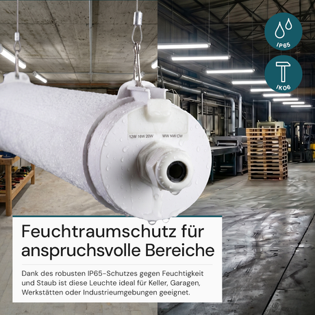 LED Feuchtraumleuchte, 60 cm, 20W-16W-12W einstellbar, max. 2447 lm, 3CCT,IP65, IK08,  rund, durchschleifbar.