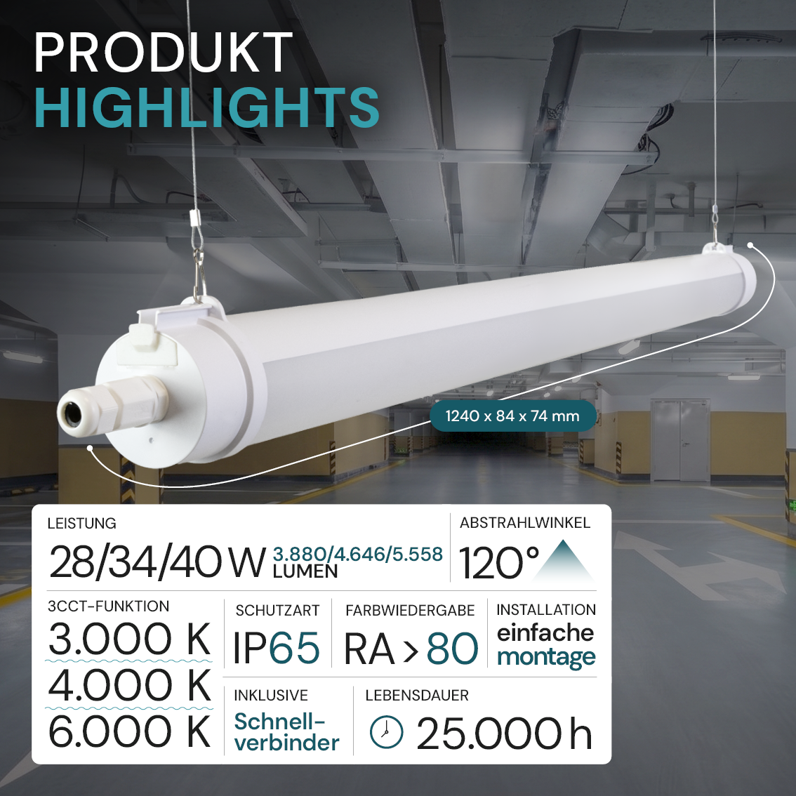 LED Feuchtraumleuchte, 120 cm, 40W-34W-28W einstellbar, max. 5558 lm, 3CCT,IP65, IK08,  rund, durchschleifbar.