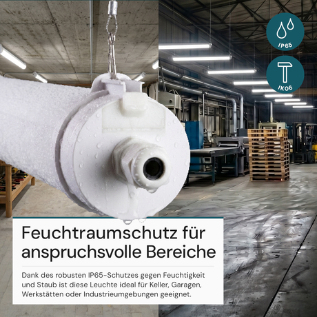 LED Feuchtraumleuchte, 120 cm, 40W-34W-28W einstellbar, max. 5558 lm, 3CCT,IP65, IK08,  rund, durchschleifbar.