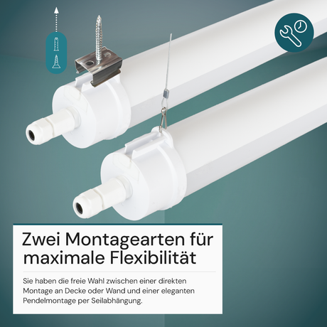 LED Feuchtraumleuchte, 120 cm, 40W-34W-28W einstellbar, max. 5558 lm, 3CCT,IP65, IK08,  rund, durchschleifbar.