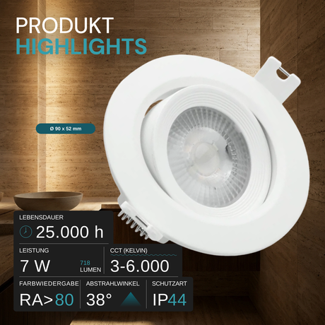 LED CCT Downlight schwenkbar, 7W, 718lm, 38°, in Cremeweiß, IP44, 3000K-4000K-6000K einstellbar