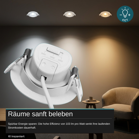 LED CCT Downlight schwenkbar, 7W, 718lm, 38°, in Cremeweiß, IP44, 3000K-4000K-6000K einstellbar
