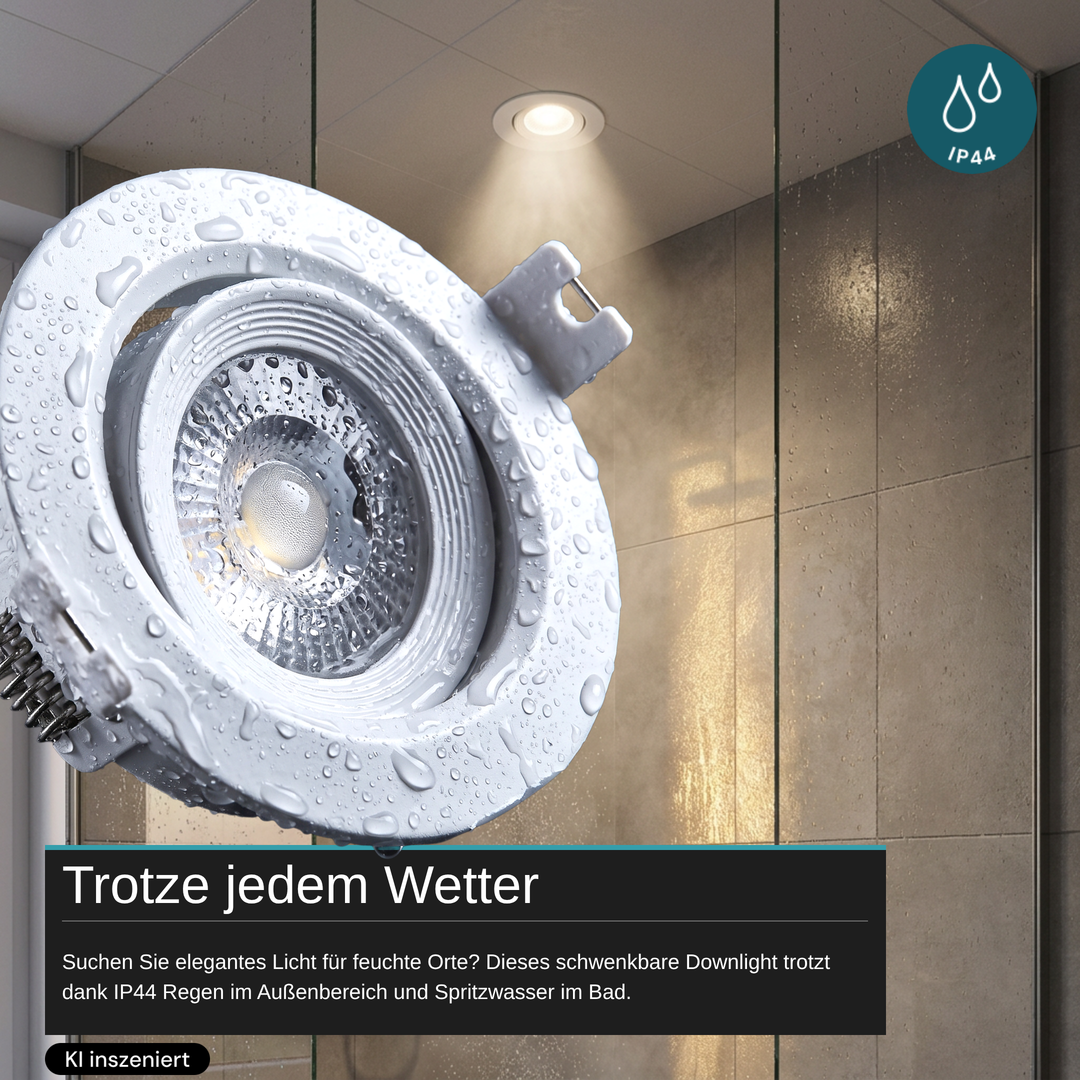 LED CCT Downlight schwenkbar, 7W, 718lm, 38°, in Cremeweiß, IP44, 3000K-4000K-6000K einstellbar