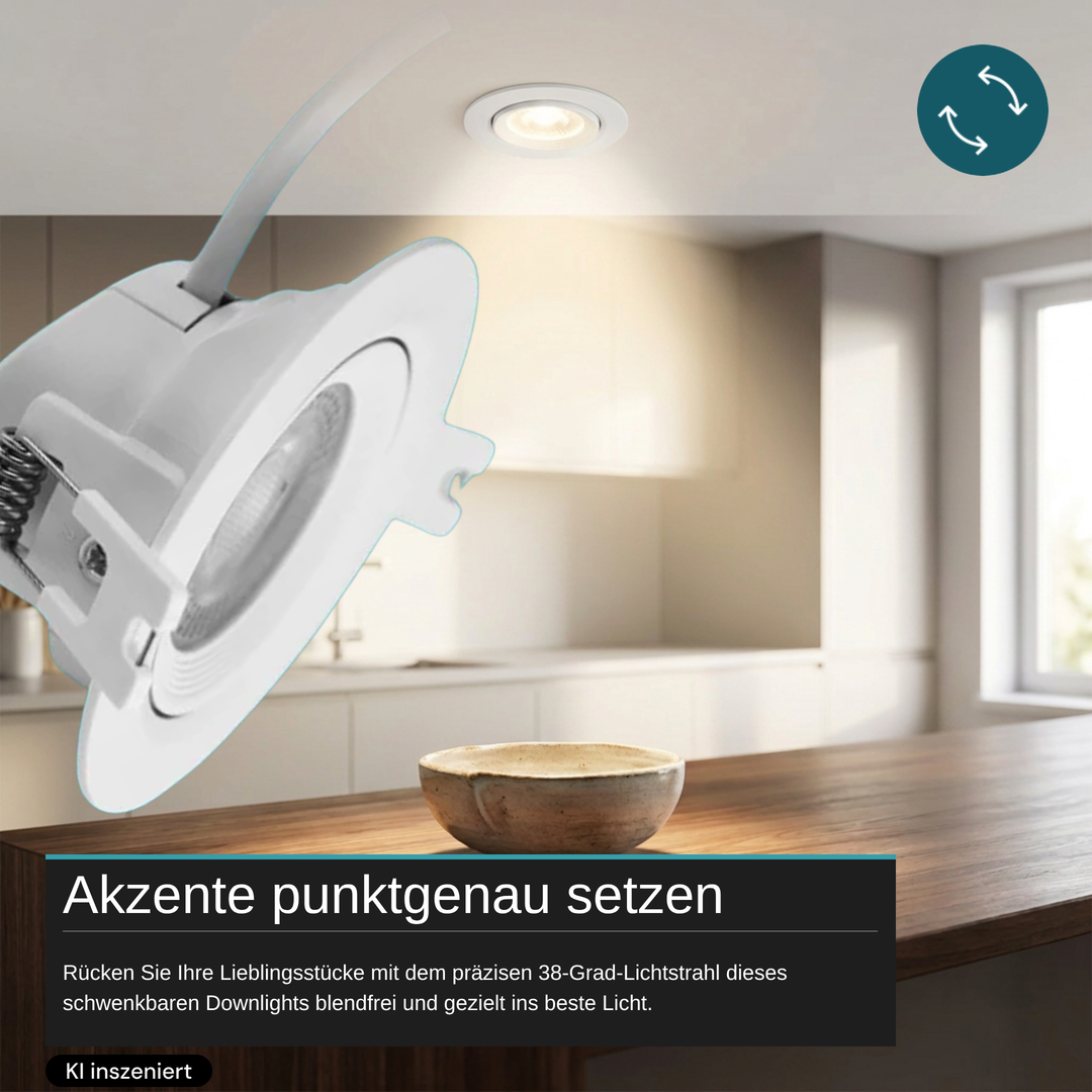 LED CCT Downlight schwenkbar, 7W, 718lm, 38°, in Cremeweiß, IP44, 3000K-4000K-6000K einstellbar