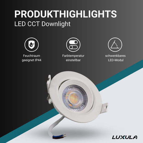 LED CCT Downlight schwenkbar, 7W, 718lm, 38°, IP44, 3000K-4000K-6000K einstellbar  Lichttechnik24.de.