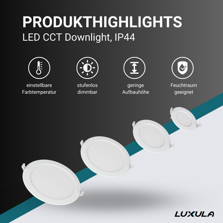 LED CCT Downlight, dimmbar, 6W, 525 lm, ø115x32mm, 3000-4000-6000K einstellbar, mit Diffusor, IP44, rund  Lichttechnik24.de.