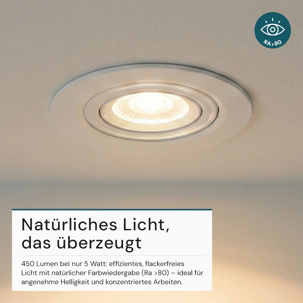 LED CCT Downlight, dimmbar, schwenkbar, in Weiß, 5 W, 450 lm, 3000 - 6500 K (einstellbar), 38°, Einbaustrahler