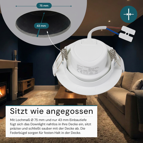 LED Downlight, schwenkbar, in Weiß, 5 W, 450 lm, 3000 K (warmweiß), 38°, Einbaustrahler