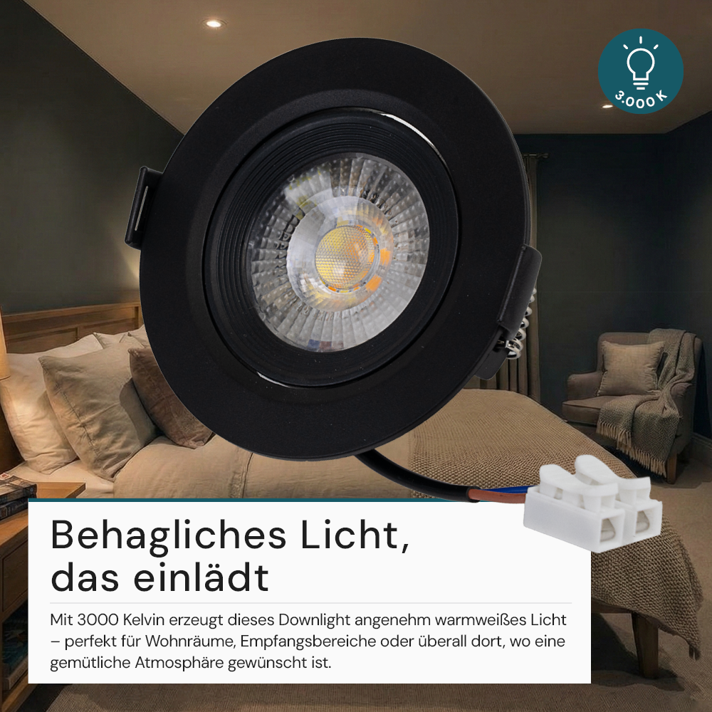 LED Downlight, schwenkbar, in Schwarz, 7 W, 600 lm, 3000 K (warmweiß), 38°, Einbaustrahler
