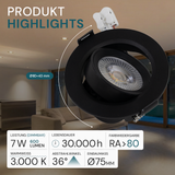 LED Downlight, schwenkbar, in Schwarz, 7 W, 600 lm, 3000 K (warmweiß), 38°, Einbaustrahler