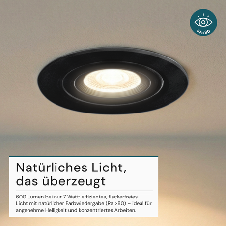 LED CCT Downlight, dimmbar, schwenkbar, in Schwarz, 7 W, 600 lm, 3000 - 6500 K (einstellbar), 38°, Einbaustrahler