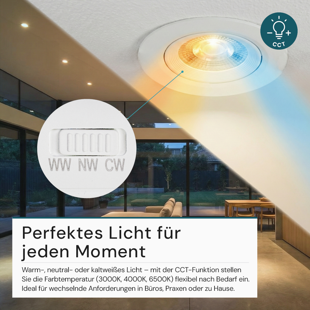 LED CCT Downlight, dimmbar, schwenkbar, in Weiß, 5 W, 450 lm, 3000 - 6500 K (einstellbar), 38°, Einbaustrahler