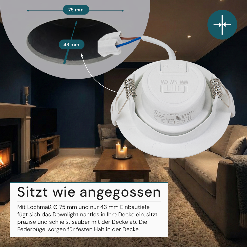 LED CCT Downlight, dimmbar, schwenkbar, in Weiß, 5 W, 450 lm, 3000 - 6500 K (einstellbar), 38°, Einbaustrahler