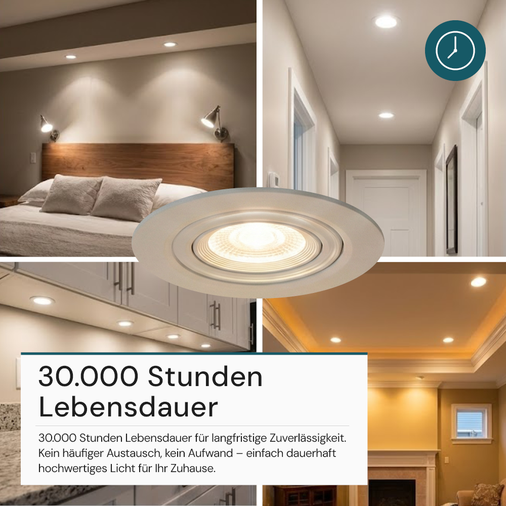 LED CCT Downlight, dimmbar, schwenkbar, in Weiß, 7 W, 600 lm, 3000 - 6500 K (einstellbar), 38°, Einbaustrahler