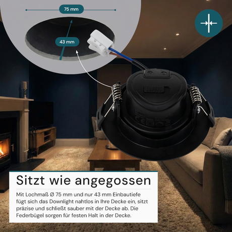 LED CCT Downlight, dimmbar, schwenkbar, in Schwarz, 7 W, 600 lm, 3000 - 6500 K (einstellbar), 38°, Einbaustrahler