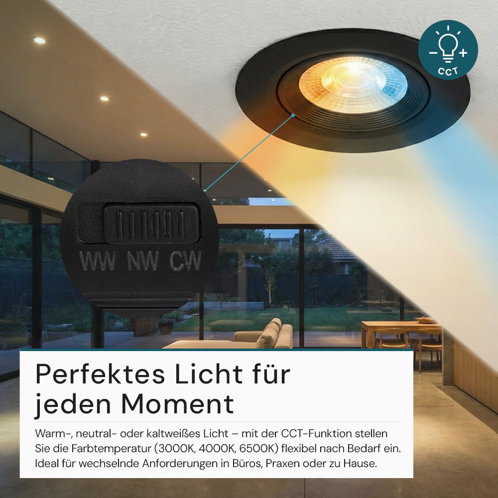 LED CCT Downlight, dimmbar, schwenkbar, in Schwarz, 7 W, 600 lm, 3000 - 6500 K (einstellbar), 38°, Einbaustrahler
