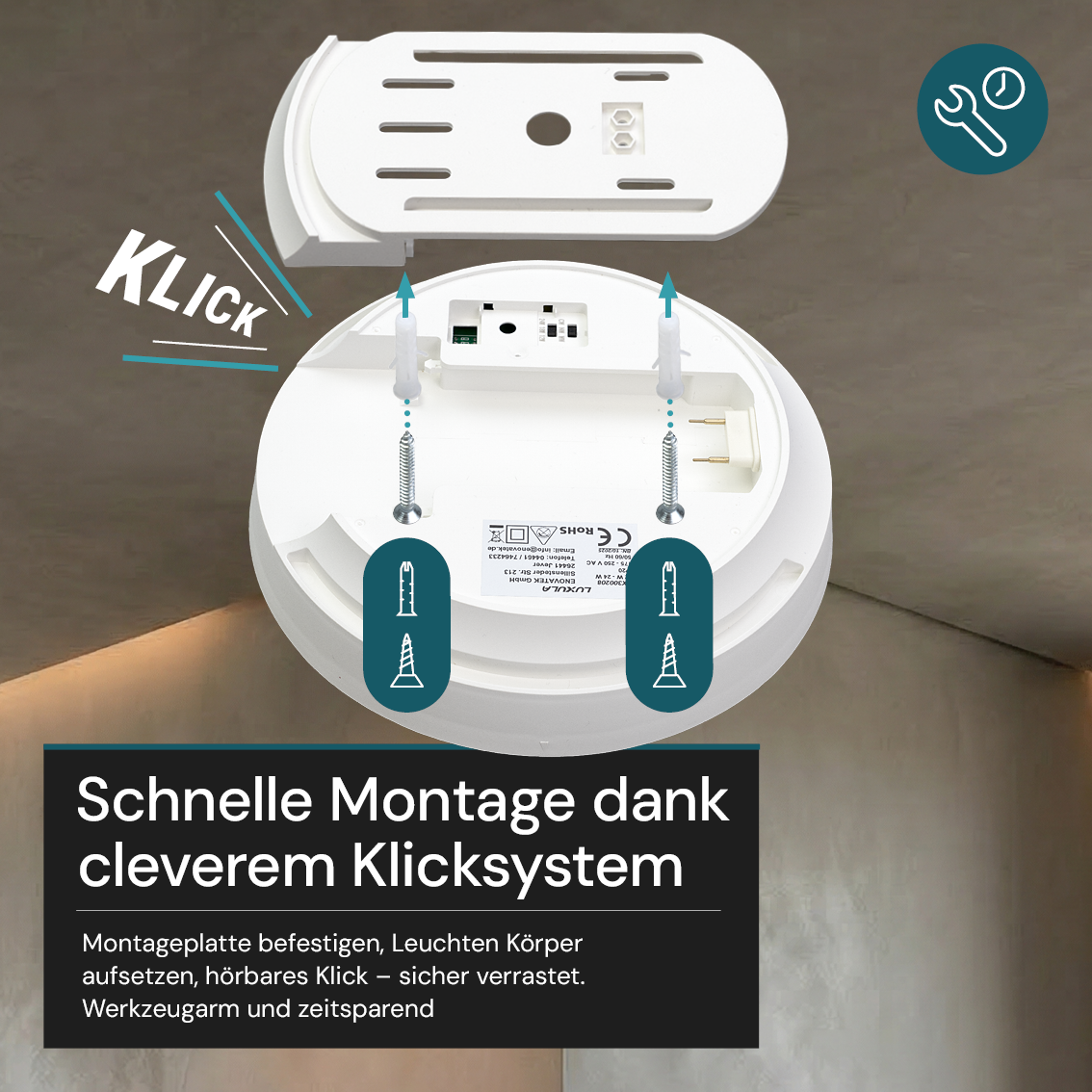 LED CCT Aufbauleuchte, 12–24 W, 2500 lm, Ø230 × 60 mm, 3000-4000-6500K einstellbar, Klickmontage, integrierter Anschlussblock, rund