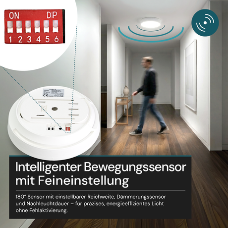 LED CCT Aufbauleuchte, 12-24 W, 2500 lm, Ø230 × 60 mm, 3000-4000-6500K, Klickmontage, Bewegungsmelder, rund