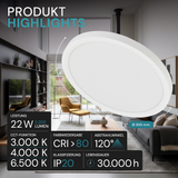 LED Panel, Ø30 cm, weiß, rund, 22 W, 2200 lm, Lichtfarbe einstellbar 3000 – 6500 K, Slim Design