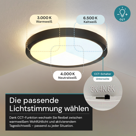 LED Panel, Ø30 cm, schwarz, rund, 22 W, 2200 lm, Lichtfarbe einstellbar 3000 – 6500 K, Slim Design