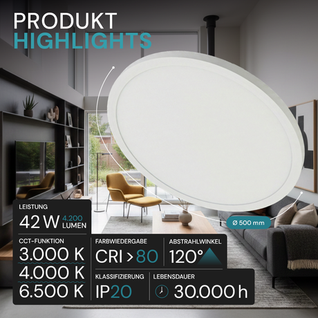 LED Panel, Ø50 cm, weiß, rund, 42 W, 4200 lm, Lichtfarbe einstellbar 3000 – 6500 K, Slim Design