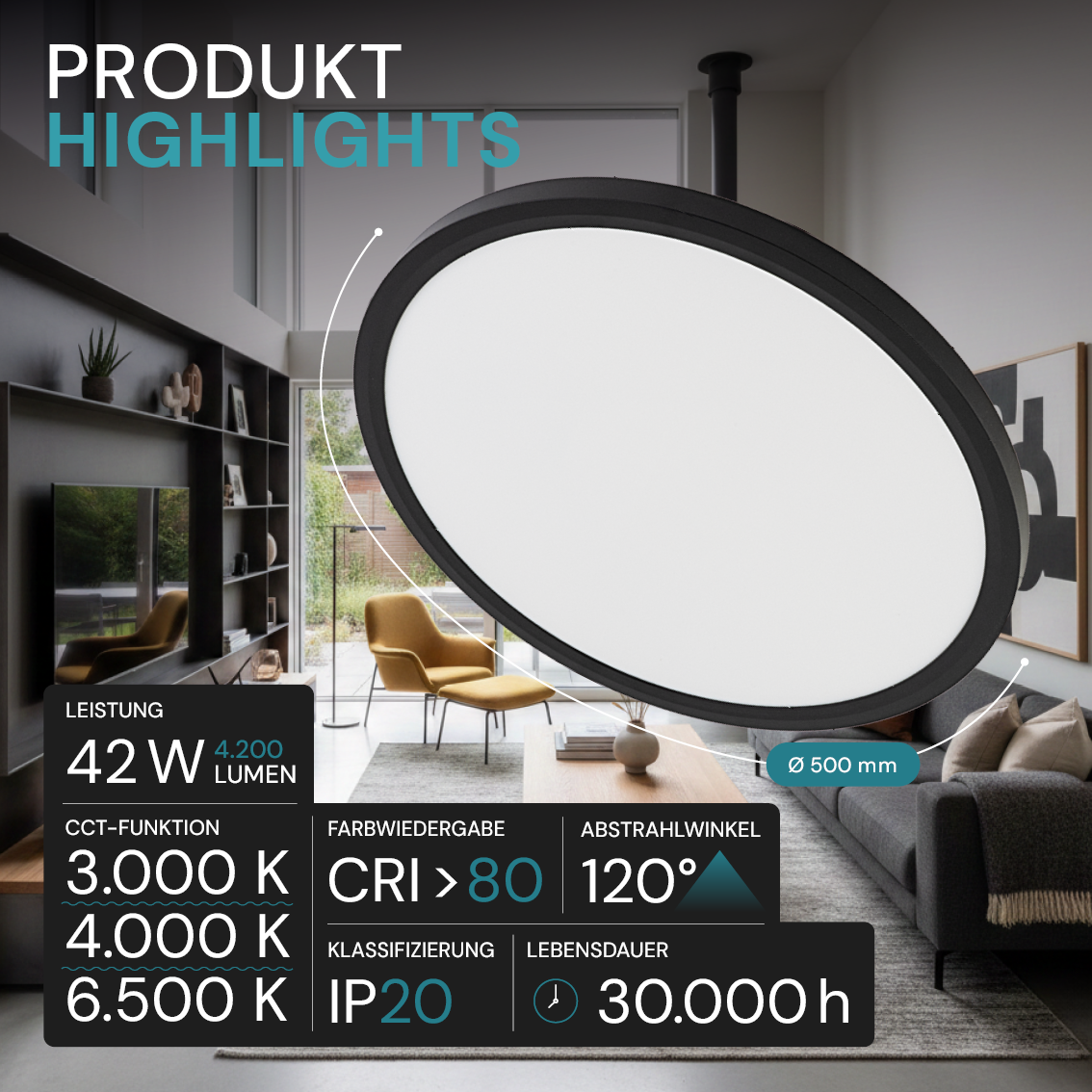 LED Panel, Ø50 cm, schwarz, rund, 42 W, 4200 lm, Lichtfarbe einstellbar 3000 – 6500 K, Slim Design