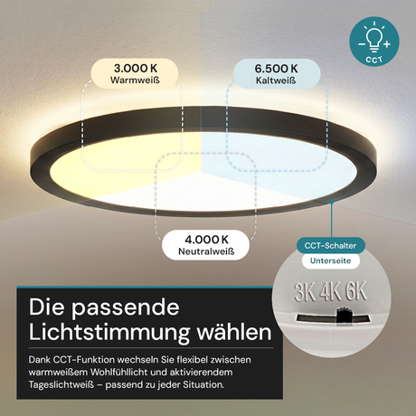 LED Panel, Ø50 cm, schwarz, rund, 42 W, 4200 lm, Lichtfarbe einstellbar 3000 – 6500 K, Slim Design