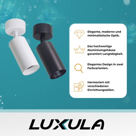 Schwenkbarer LED Aufbauspot mit GU10 Fassung, schwarz, IP20, Aluminium.