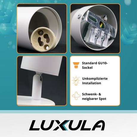 Schwenkbarer LED Aufbauspot mit GU10 Fassung, weiß, IP20, Aluminium.