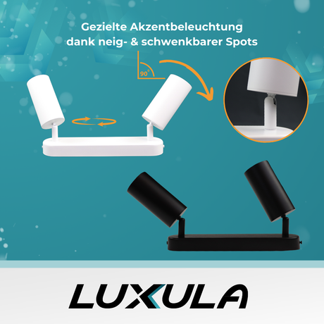 Schwenkbarer LED Aufbauspot mit GU10 Fassung, 2-flammig, schwarz, IP20, Aluminium.