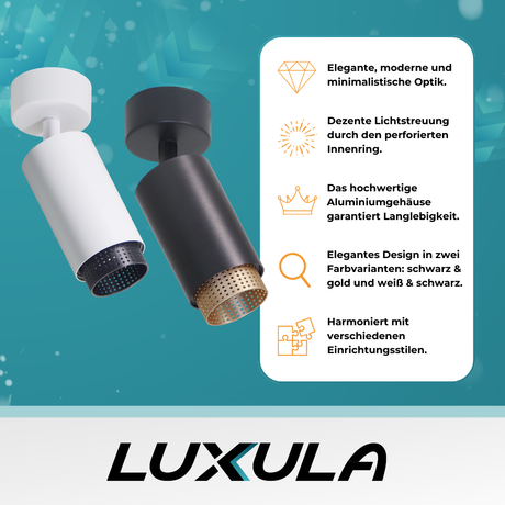 Schwenkbarer LED Aufbauspot mit GU10 Fassung, schwarz/gold, IP20, Aluminium.