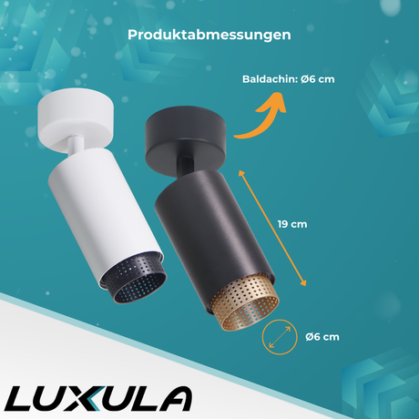Schwenkbarer LED Aufbauspot mit GU10 Fassung, schwarz/gold, IP20, Aluminium.
