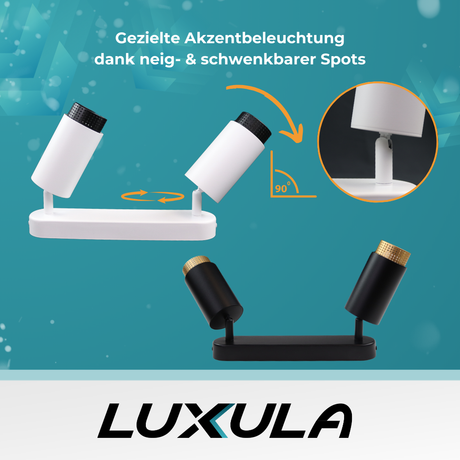 Schwenkbarer LED Aufbauspot mit GU10 Fassung, 2-flammig, schwarz/gold, IP20, Aluminium.