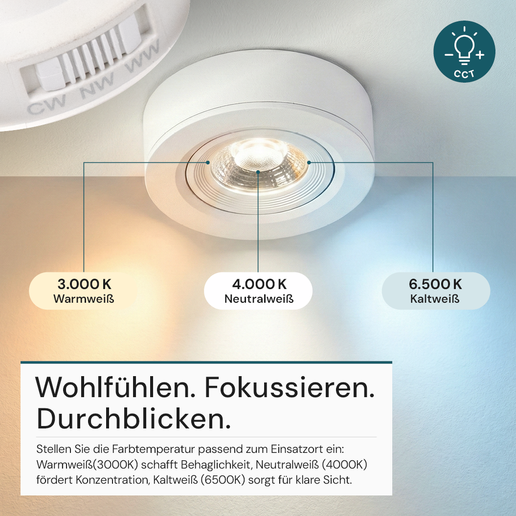 LED CCT Downlight, Ein- und Aufbaustrahler, schwenkbar, in Weiß, dimmbar, 5 W, 420 lm, 60°, 3000K-4000K-6500K einstellbar