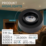 LED CCT Downlight, Ein- und Aufbaustrahler, schwenkbar, in Schwarz, dimmbar, 5 W, 420 lm, 60°, 3000K-4000K-6500K einstellbar