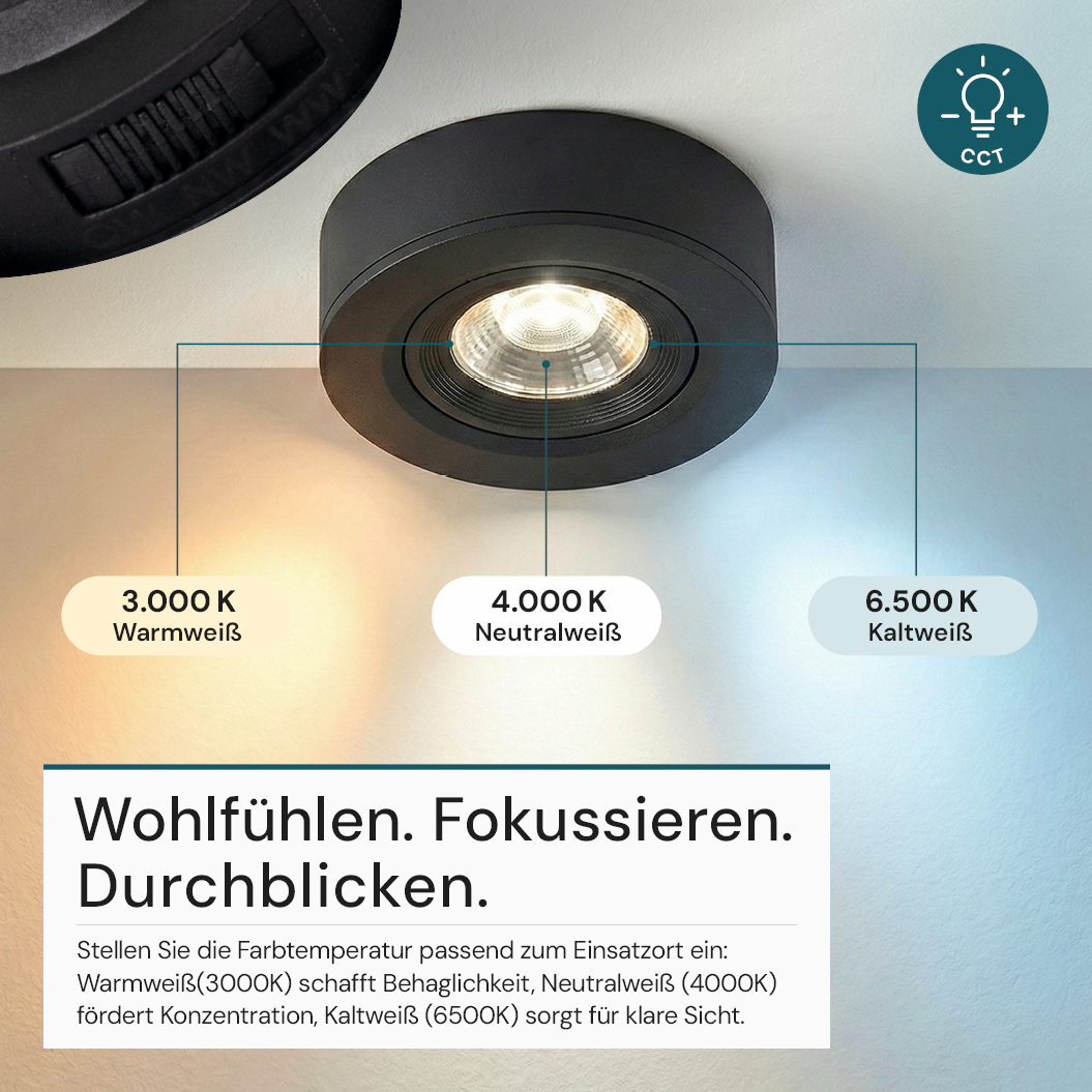 LED CCT Downlight, Ein- und Aufbaustrahler, schwenkbar, in Schwarz, dimmbar, 5 W, 420 lm, 60°, 3000K-4000K-6500K einstellbar