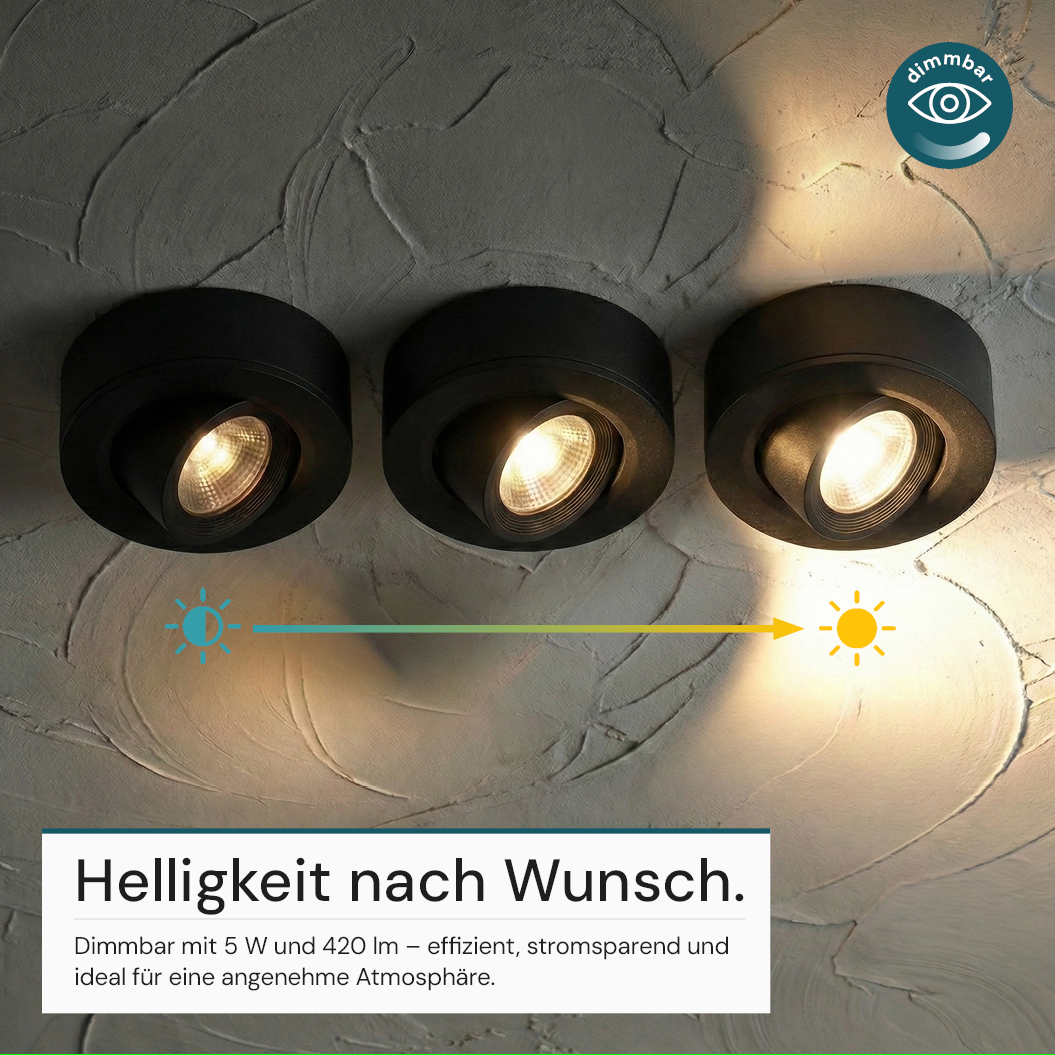 LED CCT Downlight, Ein- und Aufbaustrahler, schwenkbar, in Schwarz, dimmbar, 5 W, 420 lm, 60°, 3000K-4000K-6500K einstellbar