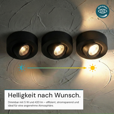 LED CCT Downlight, Ein- und Aufbaustrahler, schwenkbar, in Schwarz, dimmbar, 5 W, 420 lm, 60°, 3000K-4000K-6500K einstellbar