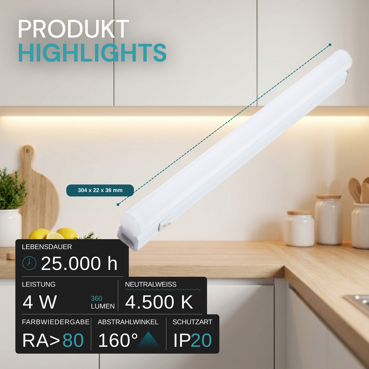 LED-Unterbauleuchte in Weiß, mit Schalter, 30 cm, 4 W, 360 lm, 4500 K (neutralweiß), erweiterbar, Küchen- und Schrankbeleuchtung