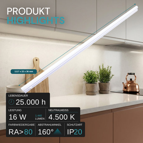 LED-Unterbauleuchte in Weiß, mit Schalter, 117 cm, 16 W, 1440 lm, 4500 K (neutralweiß), erweiterbar, Küchen- und Schrankbeleuchtung