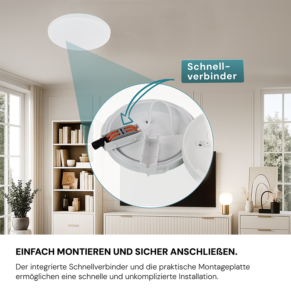 9er-Pack LED Deckenlampe, rund, 24 W, 2500 lm, 4000 K (neutralweiß), Ø35 cm, IP44-wassergeschützt, Quick Connector, moderne Leuchte, Badezimmer Lampe