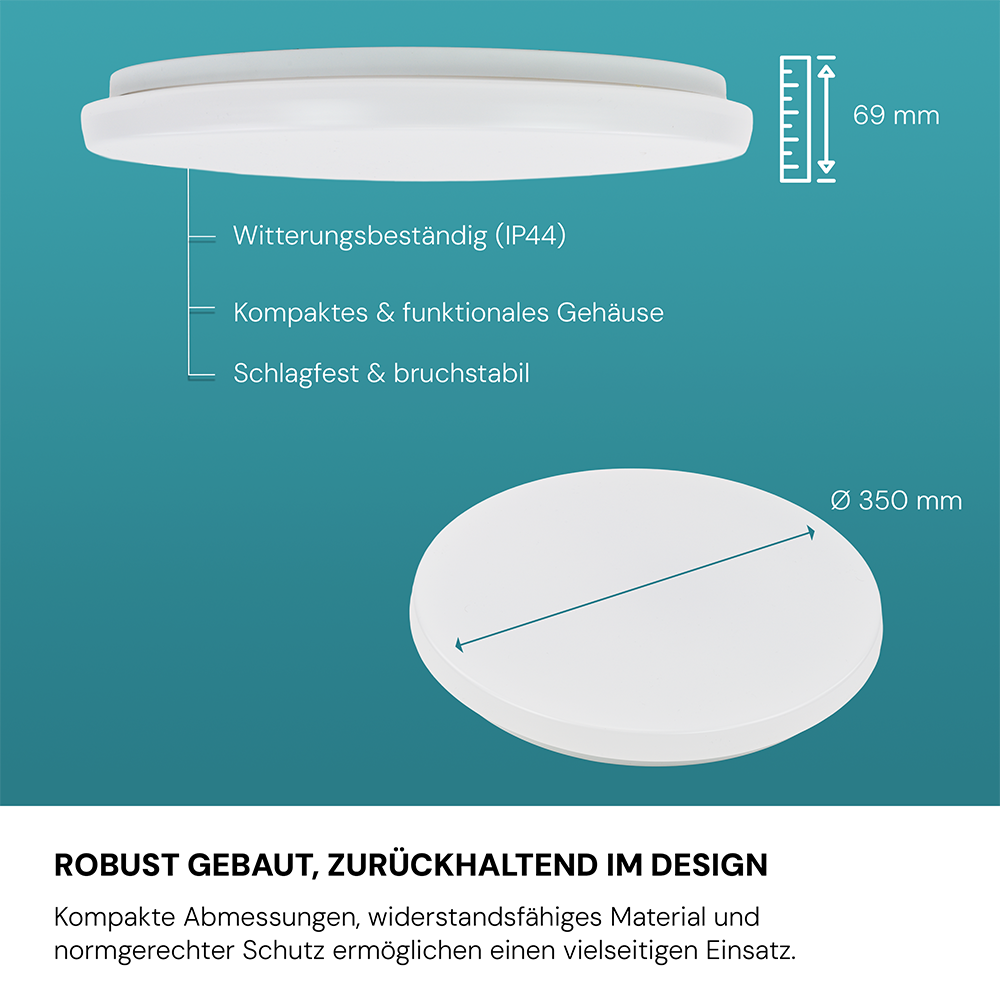3er-Pack LED Deckenlampe, rund, 24 W, 2500 lm, 4000 K (neutralweiß), Ø35 cm, IP44-wassergeschützt, Quick Connector, moderne Leuchte, Badezimmer Lampe